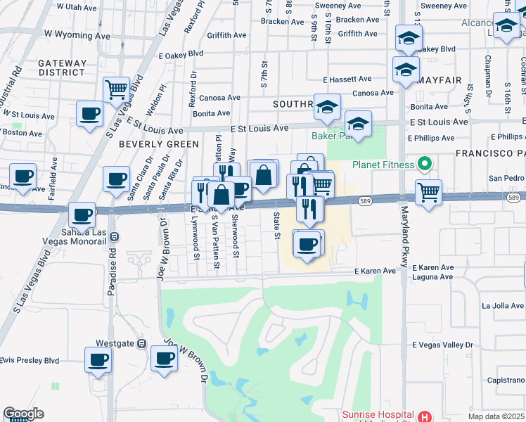 map of restaurants, bars, coffee shops, grocery stores, and more near 602 East Sahara Avenue in Las Vegas