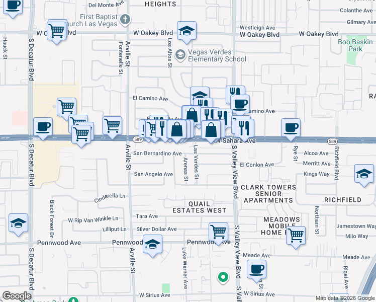 map of restaurants, bars, coffee shops, grocery stores, and more near 9 Las Verdes Street in Las Vegas