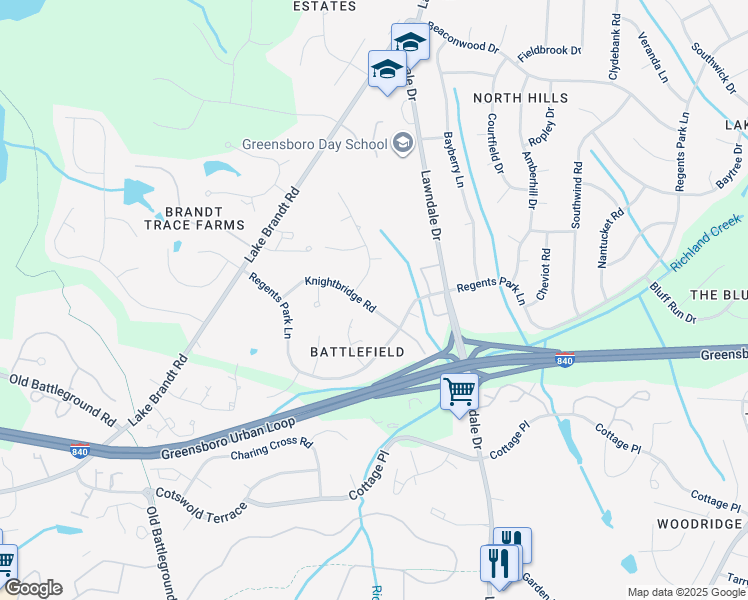 map of restaurants, bars, coffee shops, grocery stores, and more near 4619 Knightbridge Road in Greensboro