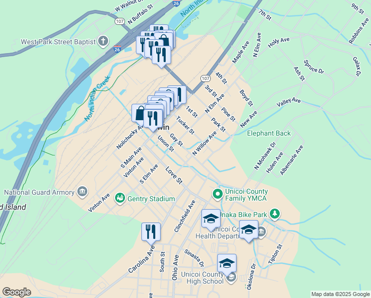 map of restaurants, bars, coffee shops, grocery stores, and more near 317 Gay Street in Erwin