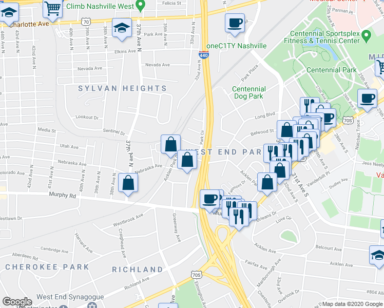 map of restaurants, bars, coffee shops, grocery stores, and more near 401 Saint Francis Avenue in Nashville