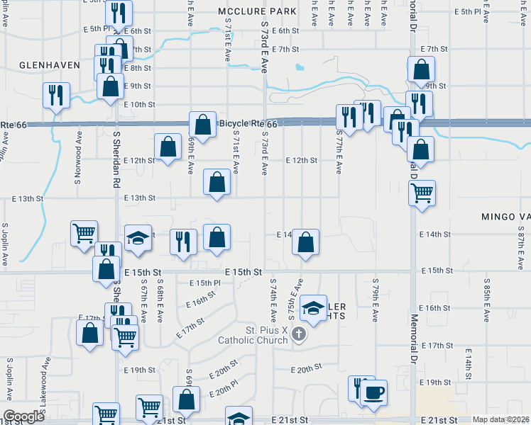map of restaurants, bars, coffee shops, grocery stores, and more near 1308 South 74th East Avenue in Tulsa