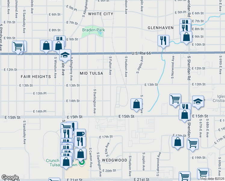 map of restaurants, bars, coffee shops, grocery stores, and more near 1308 South Fulton Avenue in Tulsa