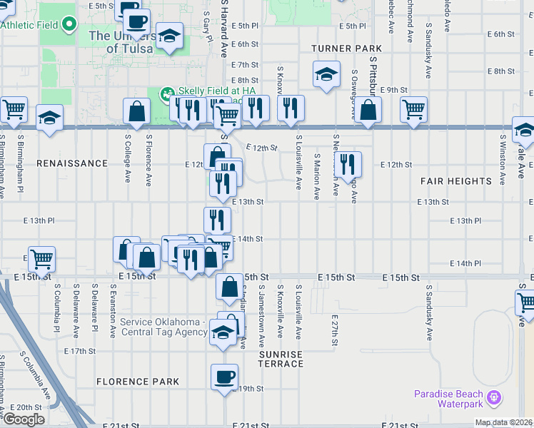 map of restaurants, bars, coffee shops, grocery stores, and more near 1304 South Jamestown Avenue in Tulsa