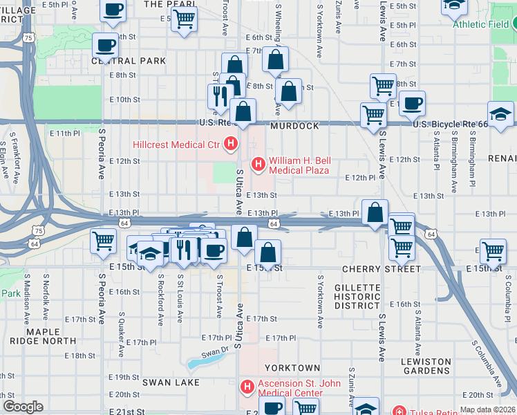 map of restaurants, bars, coffee shops, grocery stores, and more near 1812 East 13th Street in Tulsa