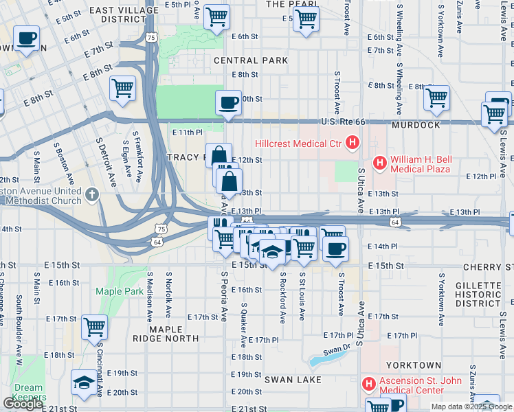 map of restaurants, bars, coffee shops, grocery stores, and more near 1301 South Quincy Avenue in Tulsa