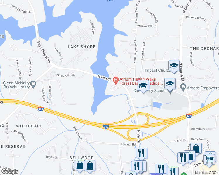 map of restaurants, bars, coffee shops, grocery stores, and more near 14 Old Saybrook Drive in Greensboro