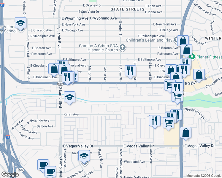 map of restaurants, bars, coffee shops, grocery stores, and more near 4555 East Sahara Avenue in Las Vegas