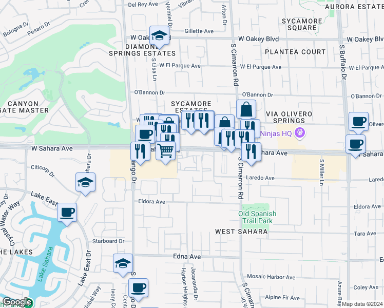 map of restaurants, bars, coffee shops, grocery stores, and more near 8455 West Sahara Avenue in Las Vegas