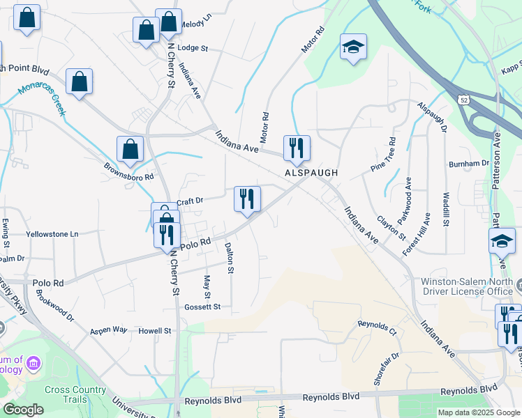 map of restaurants, bars, coffee shops, grocery stores, and more near 225 Polo Road in Winston-Salem