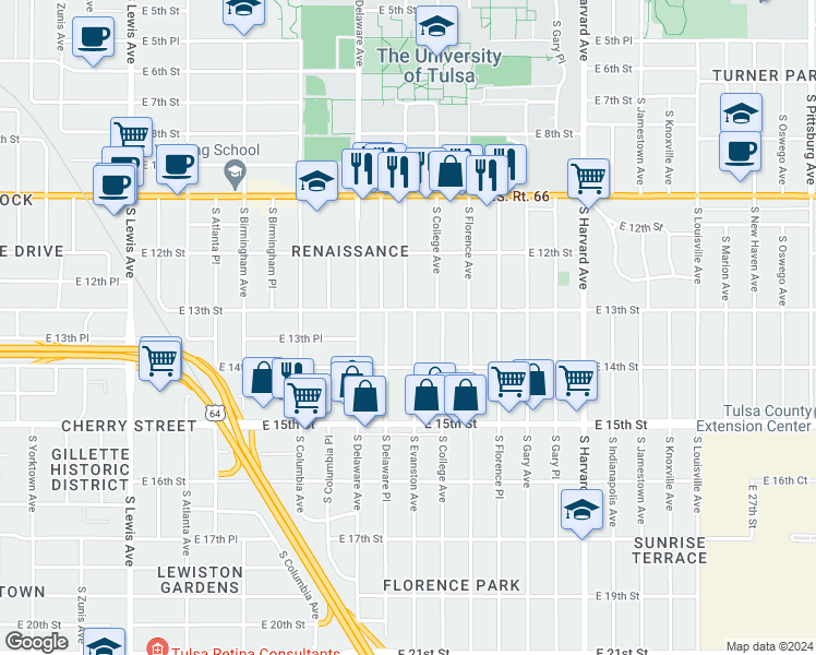 map of restaurants, bars, coffee shops, grocery stores, and more near 1316 South Evanston Avenue in Tulsa
