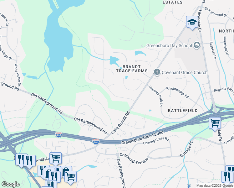 map of restaurants, bars, coffee shops, grocery stores, and more near 2427 Retriever Lane in Greensboro
