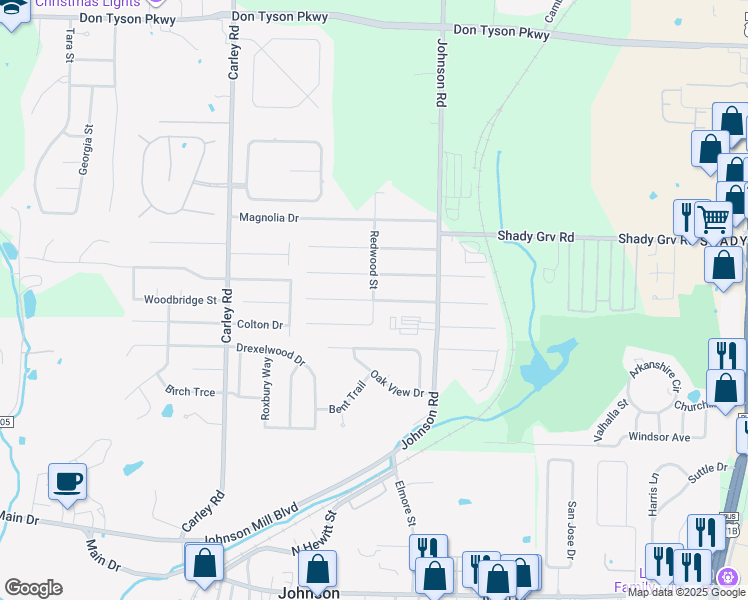 map of restaurants, bars, coffee shops, grocery stores, and more near 4674 Redwood Street in Springdale