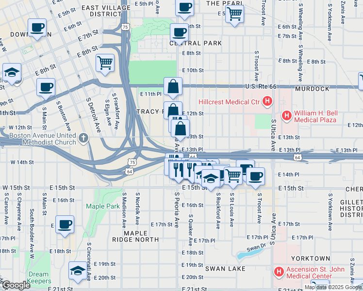 map of restaurants, bars, coffee shops, grocery stores, and more near 1301 South Quaker Avenue in Tulsa