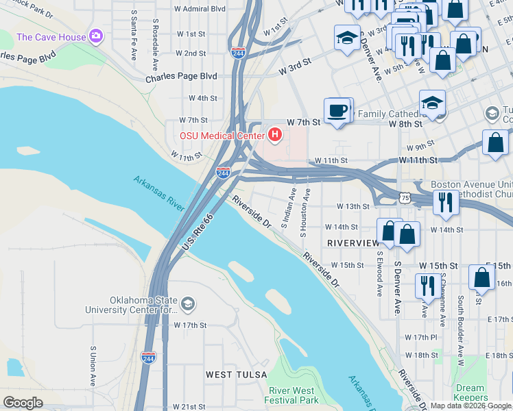 map of restaurants, bars, coffee shops, grocery stores, and more near 1303 South Lawton Avenue in Tulsa