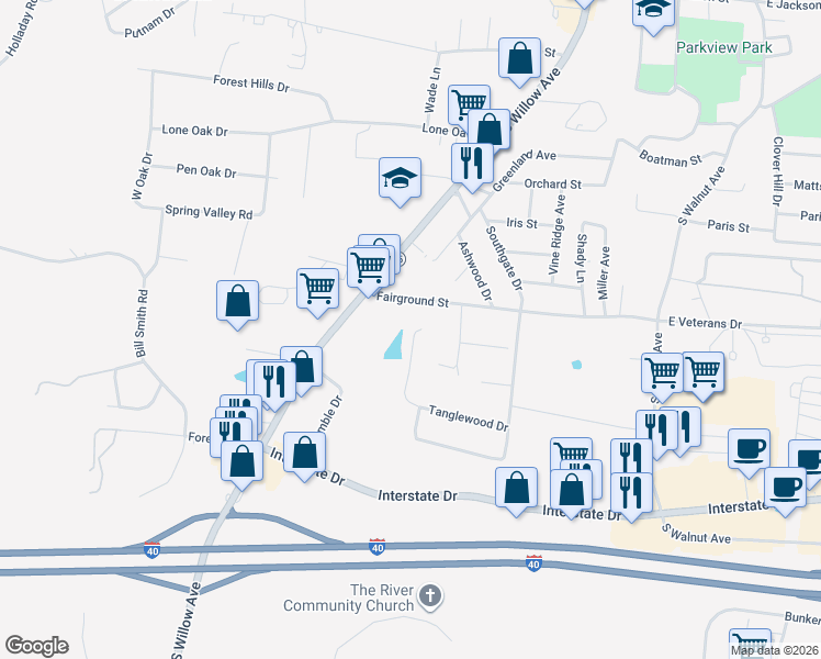 map of restaurants, bars, coffee shops, grocery stores, and more near 992 Emily Lane in Cookeville