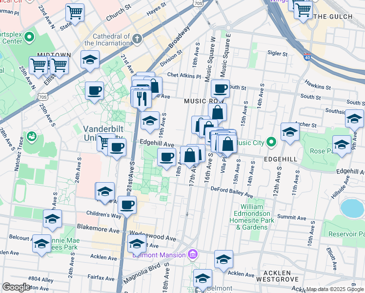 map of restaurants, bars, coffee shops, grocery stores, and more near Edgehill Avenue & 18th Avenue South in Nashville