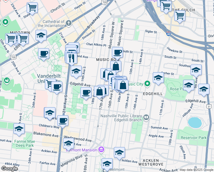 map of restaurants, bars, coffee shops, grocery stores, and more near in Nashville