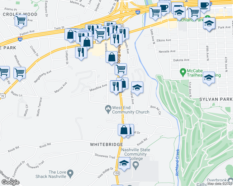 map of restaurants, bars, coffee shops, grocery stores, and more near 269 White Bridge Road in Nashville