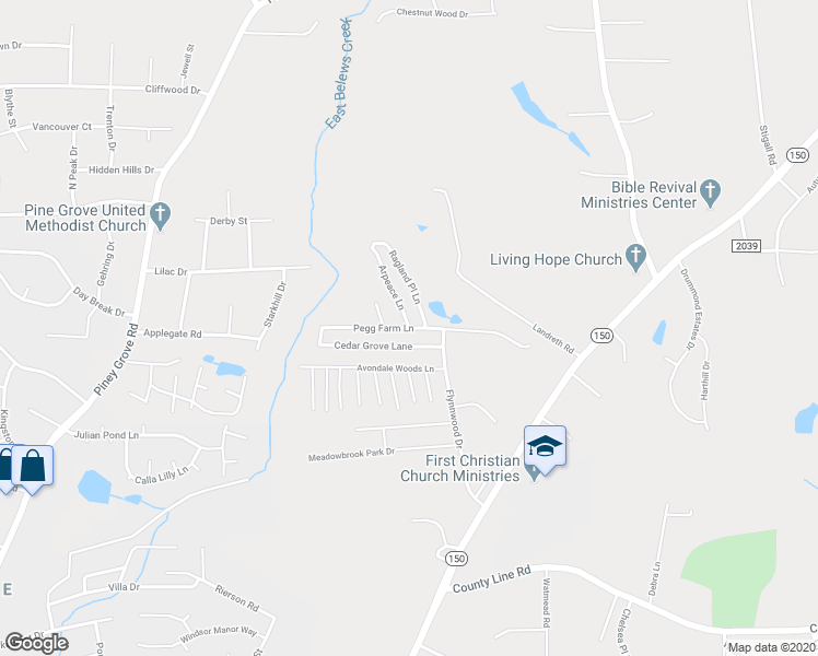 map of restaurants, bars, coffee shops, grocery stores, and more near Pegg Farm Lane in Kernersville