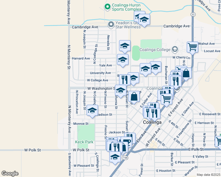 map of restaurants, bars, coffee shops, grocery stores, and more near 216 Washington Street in Coalinga