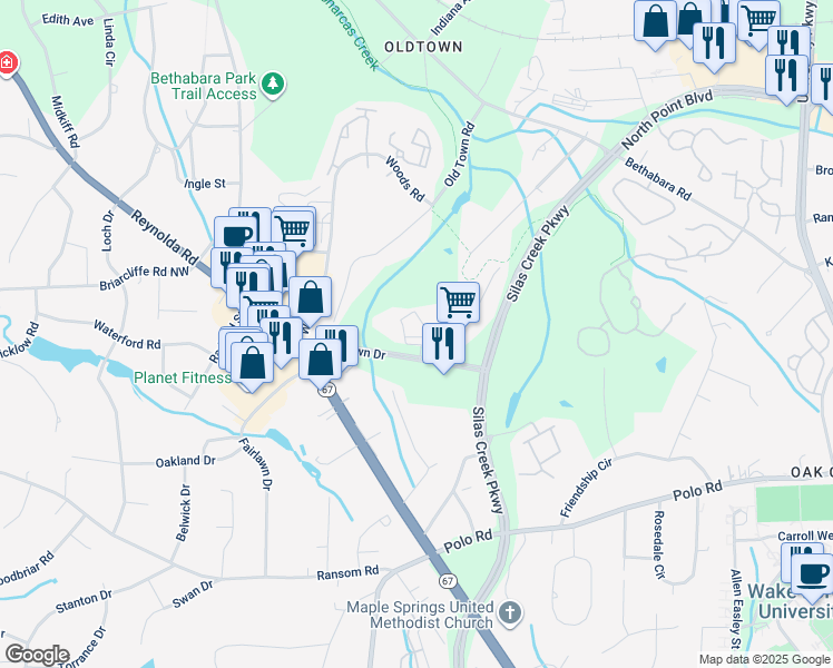 map of restaurants, bars, coffee shops, grocery stores, and more near 1138 Crowne Court in Winston-Salem