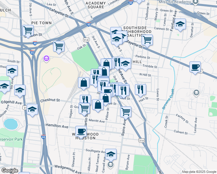 map of restaurants, bars, coffee shops, grocery stores, and more near in Nashville
