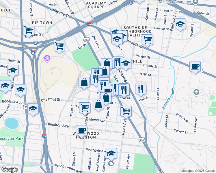 map of restaurants, bars, coffee shops, grocery stores, and more near in Nashville