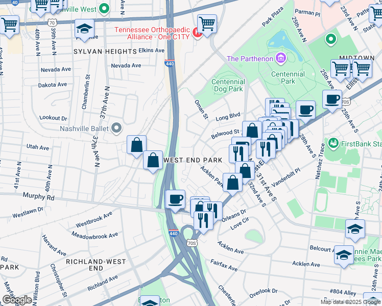map of restaurants, bars, coffee shops, grocery stores, and more near in Nashville