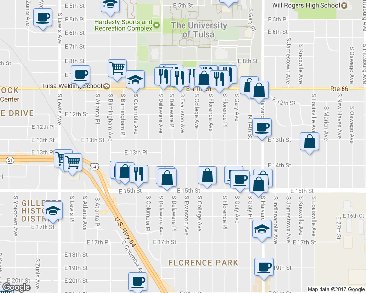 map of restaurants, bars, coffee shops, grocery stores, and more near 1304 South Evanston Avenue in Tulsa