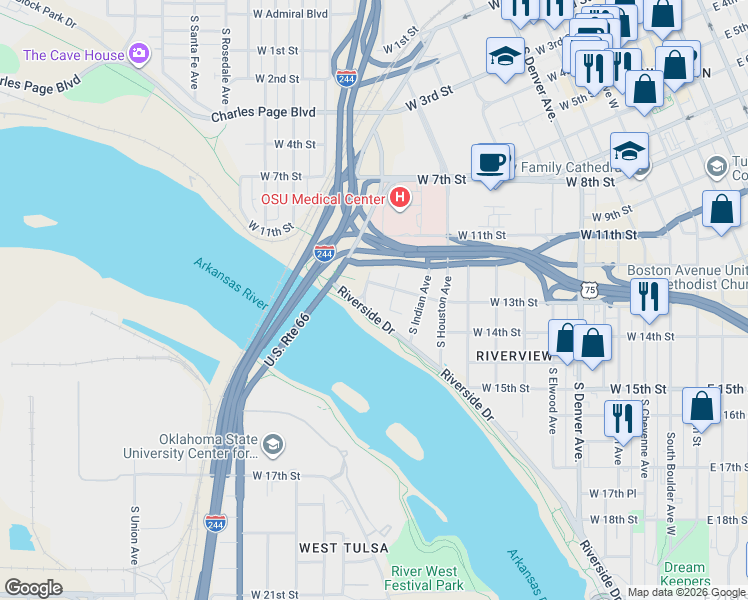 map of restaurants, bars, coffee shops, grocery stores, and more near 1303 South Lawton Avenue in Tulsa