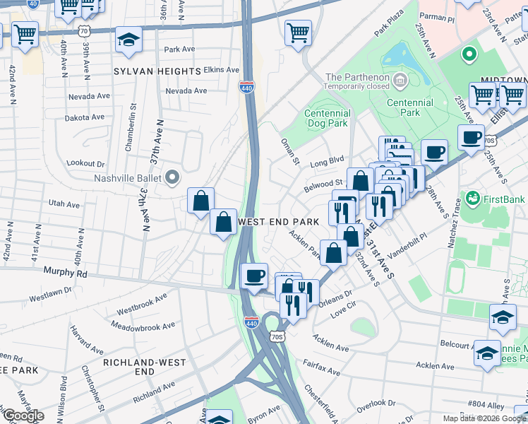 map of restaurants, bars, coffee shops, grocery stores, and more near 209 Burns Avenue in Nashville