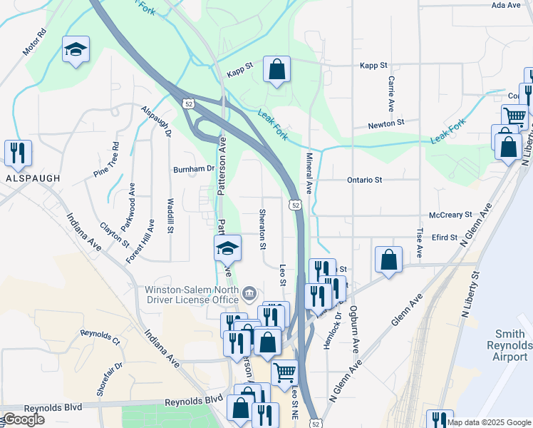 map of restaurants, bars, coffee shops, grocery stores, and more near 4049 Sheraton Street in Winston-Salem