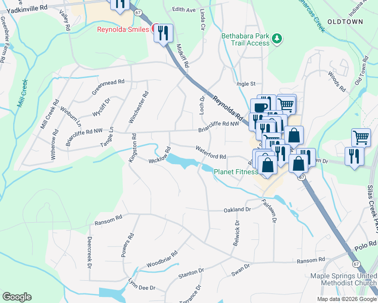 map of restaurants, bars, coffee shops, grocery stores, and more near 3138 Waterford Road in Winston-Salem