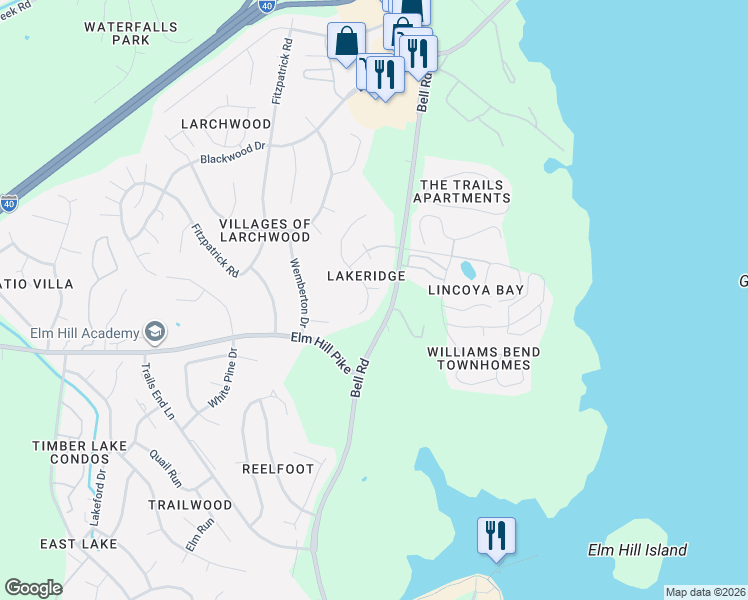map of restaurants, bars, coffee shops, grocery stores, and more near 3821 Lakeridge Run in Nashville
