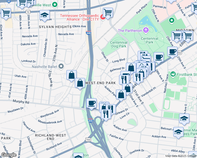 map of restaurants, bars, coffee shops, grocery stores, and more near in Nashville