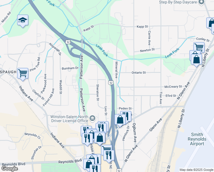 map of restaurants, bars, coffee shops, grocery stores, and more near 4027 Leo Street in Winston-Salem