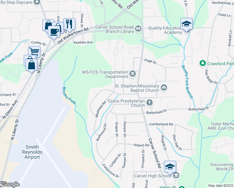 map of restaurants, bars, coffee shops, grocery stores, and more near Bainbridge Drive in Winston-Salem