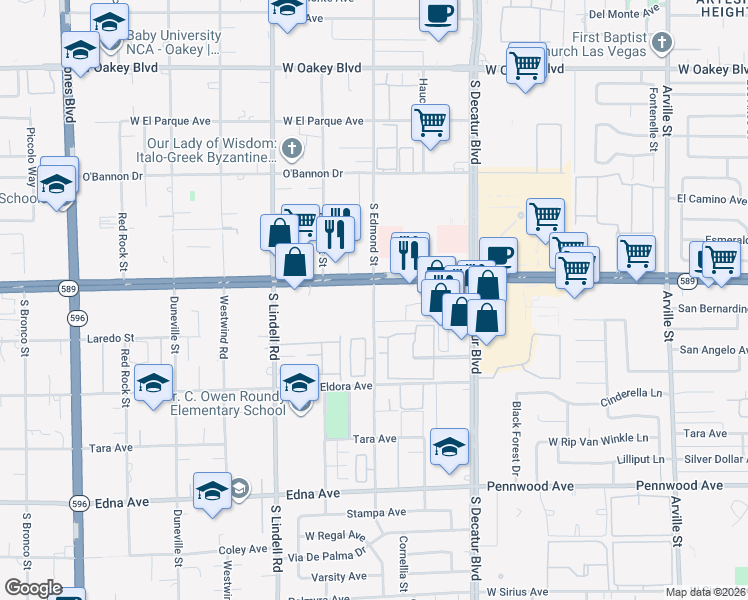 map of restaurants, bars, coffee shops, grocery stores, and more near South Edmond Street in Las Vegas