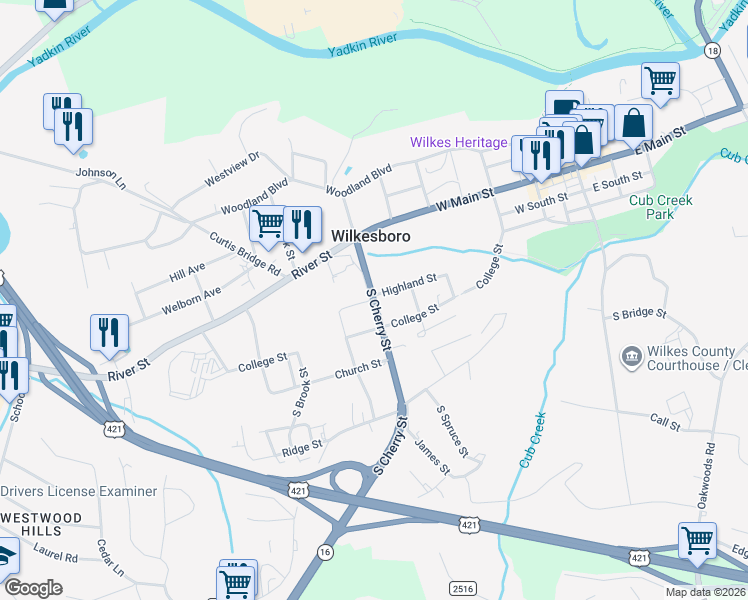 map of restaurants, bars, coffee shops, grocery stores, and more near 501 Highland Street in Wilkesboro