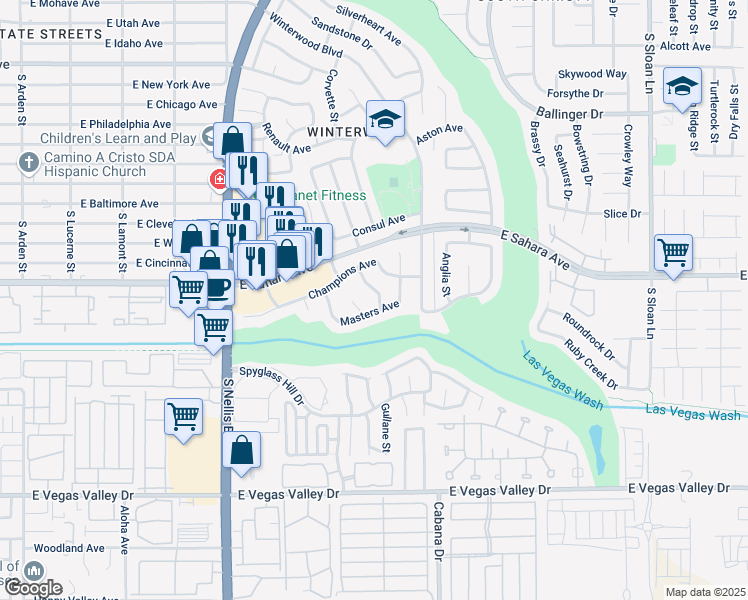 map of restaurants, bars, coffee shops, grocery stores, and more near 2520 Golfers Street in Las Vegas