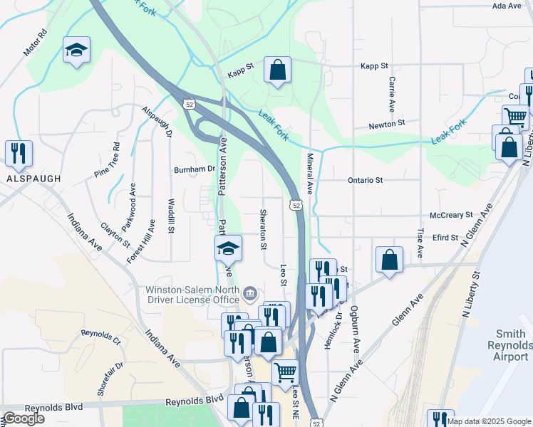 map of restaurants, bars, coffee shops, grocery stores, and more near 4049 Sheraton Street in Winston-Salem