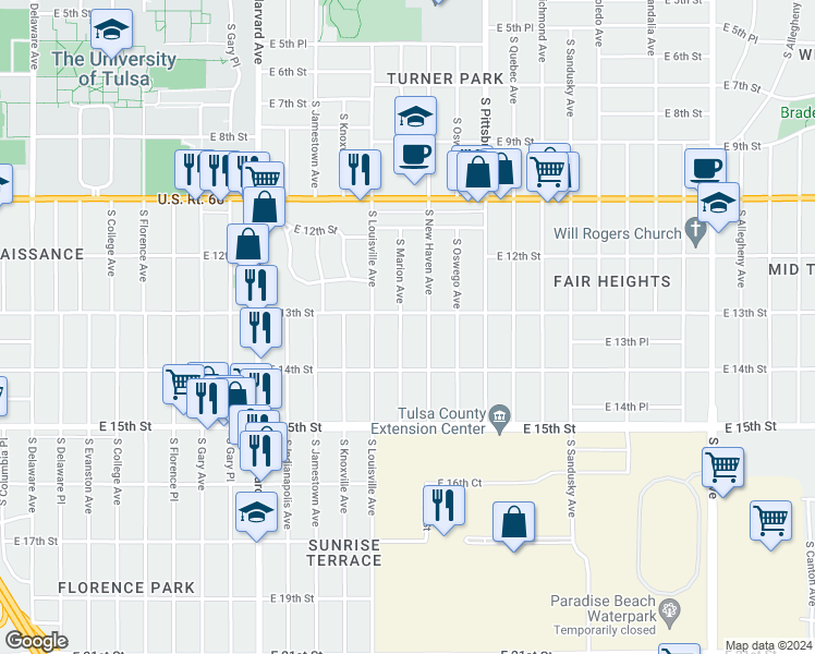 map of restaurants, bars, coffee shops, grocery stores, and more near 1311 South Marion Avenue in Tulsa