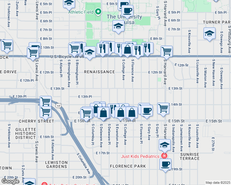 map of restaurants, bars, coffee shops, grocery stores, and more near 1312 South Evanston Avenue in Tulsa