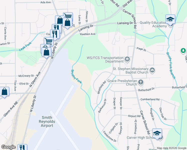 map of restaurants, bars, coffee shops, grocery stores, and more near 2810 Bainbridge Court Northeast in Winston-Salem
