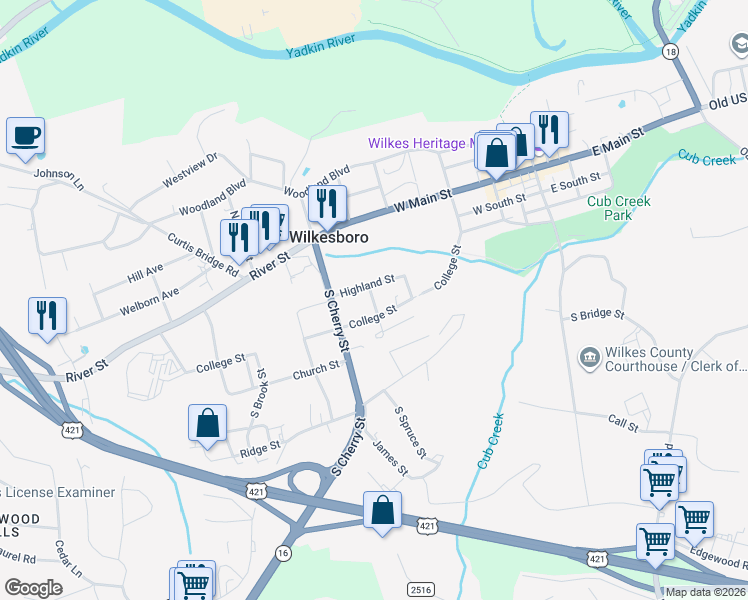 map of restaurants, bars, coffee shops, grocery stores, and more near 501 Highland Street in Wilkesboro