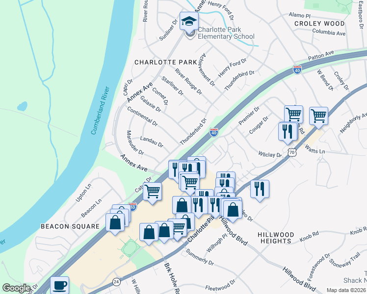 map of restaurants, bars, coffee shops, grocery stores, and more near 6505 Thunderbird Drive in Nashville