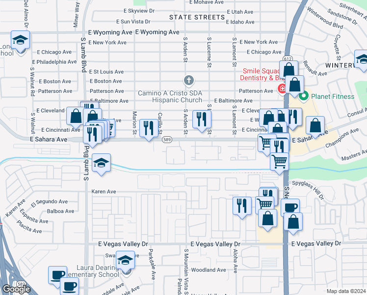 map of restaurants, bars, coffee shops, grocery stores, and more near 4555 East Sahara Avenue in Las Vegas