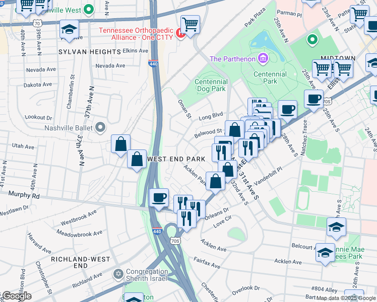 map of restaurants, bars, coffee shops, grocery stores, and more near 119 Mason Avenue in Nashville
