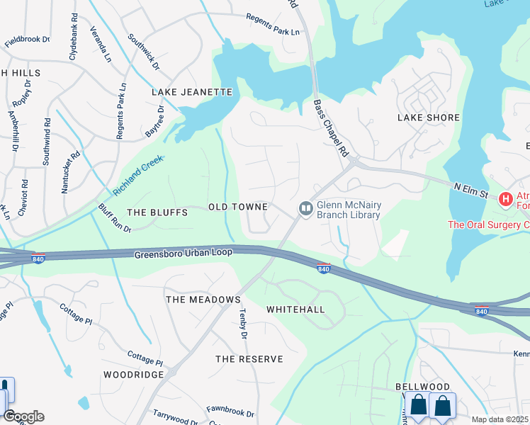 map of restaurants, bars, coffee shops, grocery stores, and more near 4704 Towne Ridge Drive in Greensboro